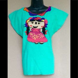blue Mexican style blouse with doll design